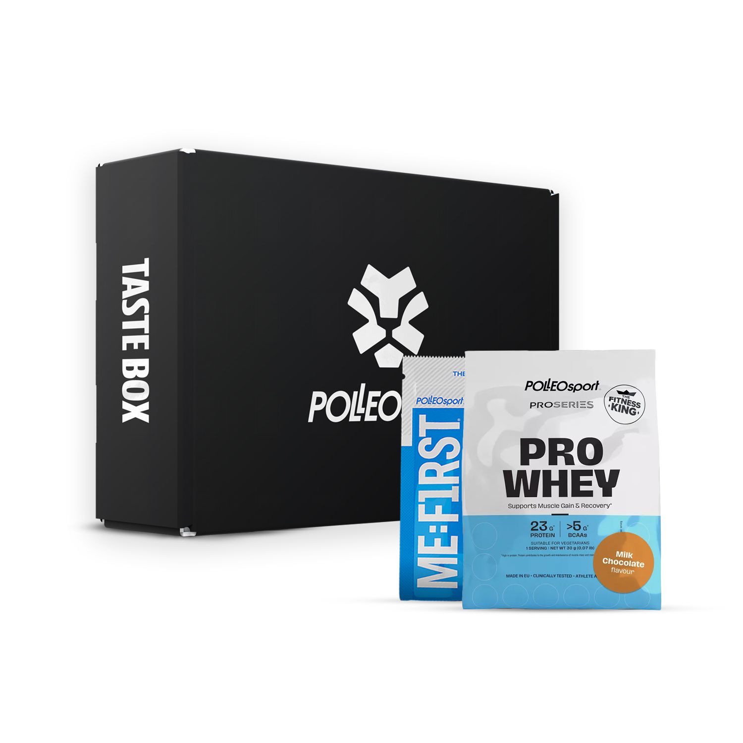 Zwarte doos met wit logo en tekst "TASTE BOX". Whey proteïne samples. Blauwe en witte verpakkingen.