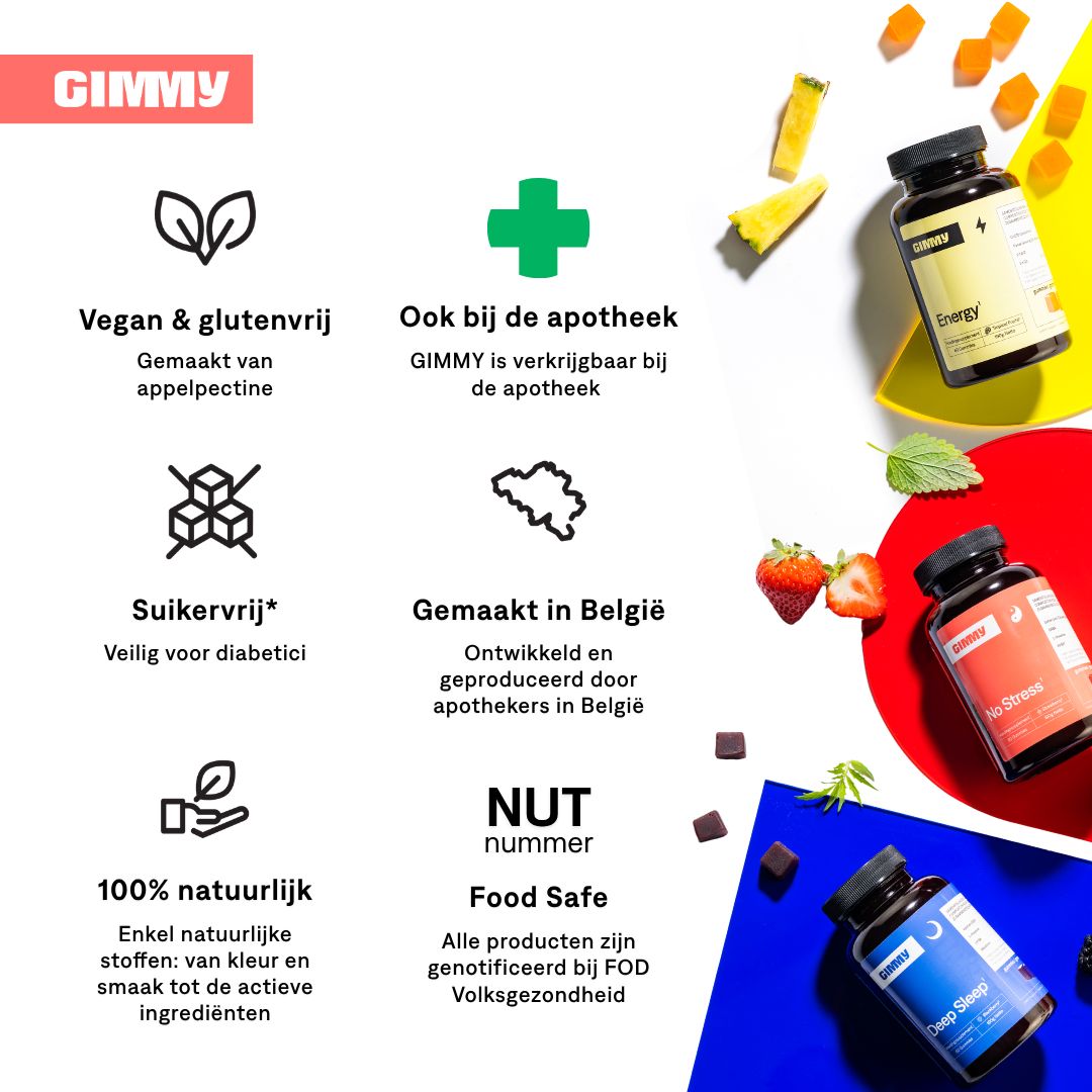 Logo GIMMY et icônes. Texte : Vegan & sans gluten, vente en pharmacie, sans sucre, 100% naturel, fabriqué en Belgique, Food Safe.