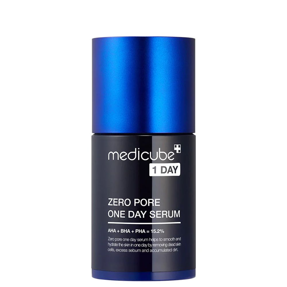 Donkerblauwe fles met blauwe dop, Medicube Zero Pore One Day Serum.