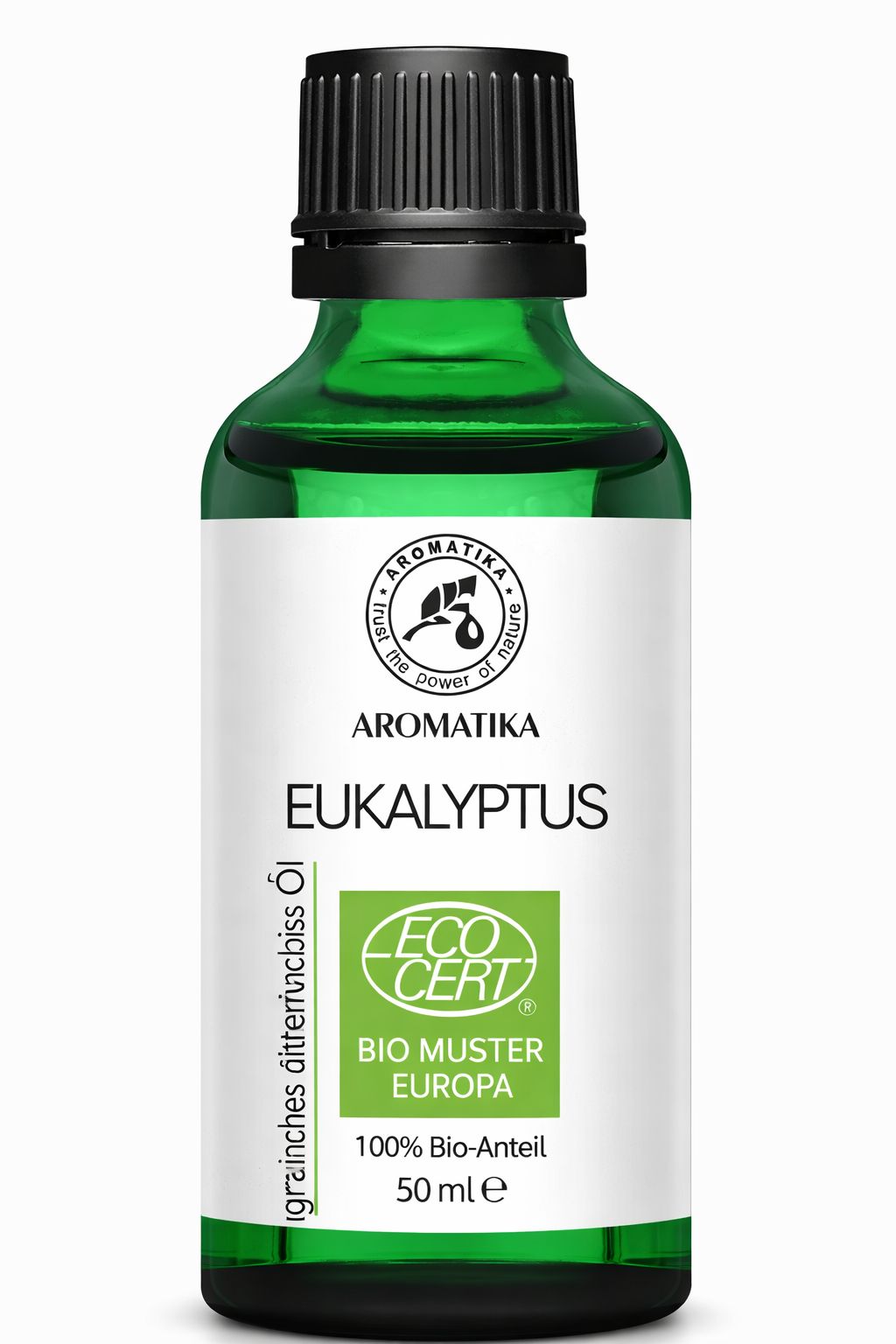 AROMATIKA Eucalyptusolie 50ml fles met ECO CERT en BIO SIEGEL.