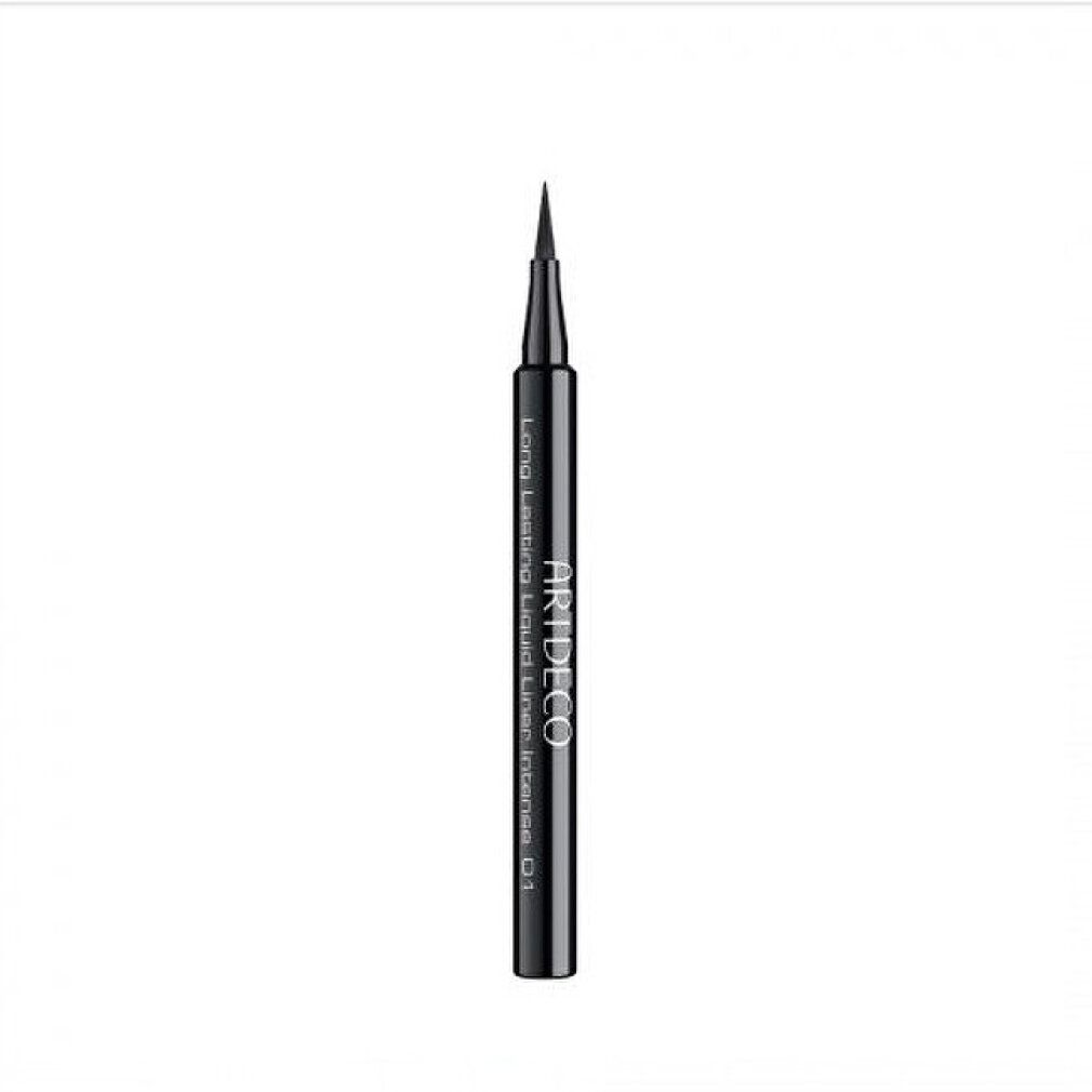 Zwarte vloeibare eyeliner met zwarte dop. Opschrift: ARTDECO, Long Lasting Liquid Liner Intense 01.