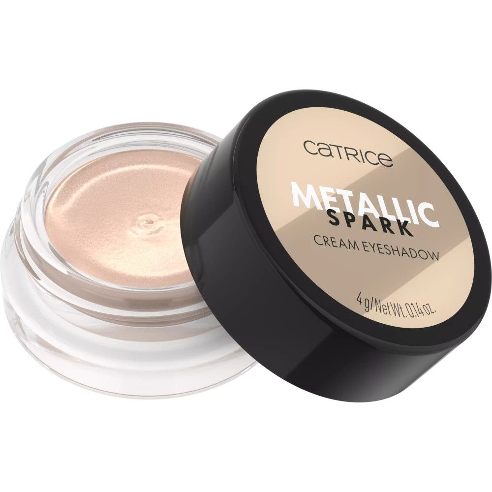 Fard à paupières crème dans un pot en verre avec un couvercle noir. Le couvercle porte l'inscription "CATRICE METALLIC SPARK CREAM EYESHADOW".