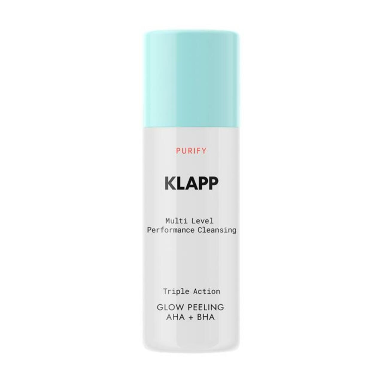 Flacon Klapp avec bouchon bleu clair. Inscription: PURIFY, Multi Level Performance Cleansing, Triple Action, GLOW PEELING AHA + BHA.