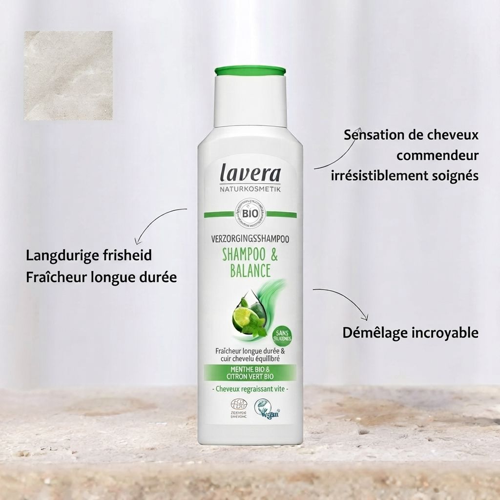 Bouteille de shampooing Lavera Frische & Balance avec indications sur menthe bio et citron vert bio. Texte en néerlandais et français.