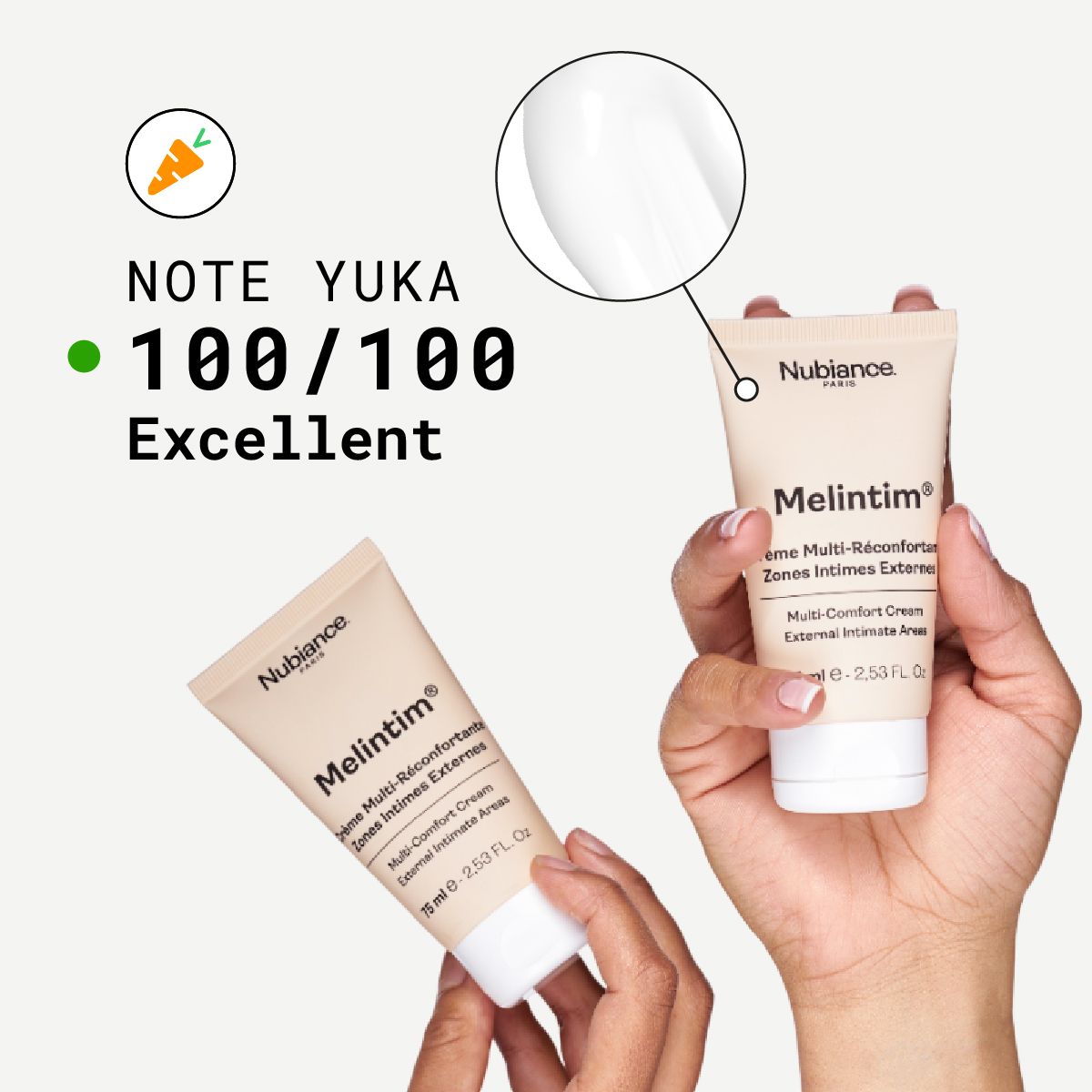 Twee producttubes in handen. Yuka-beoordeling: 100/100. Productnaam: Melintim.