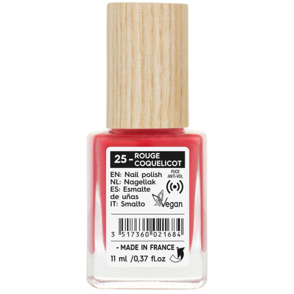 Rode nagellakfles met houten dop. Opschrift: 25-ROUGE COQUELICOT, vegan, 11 ml, Made in France.