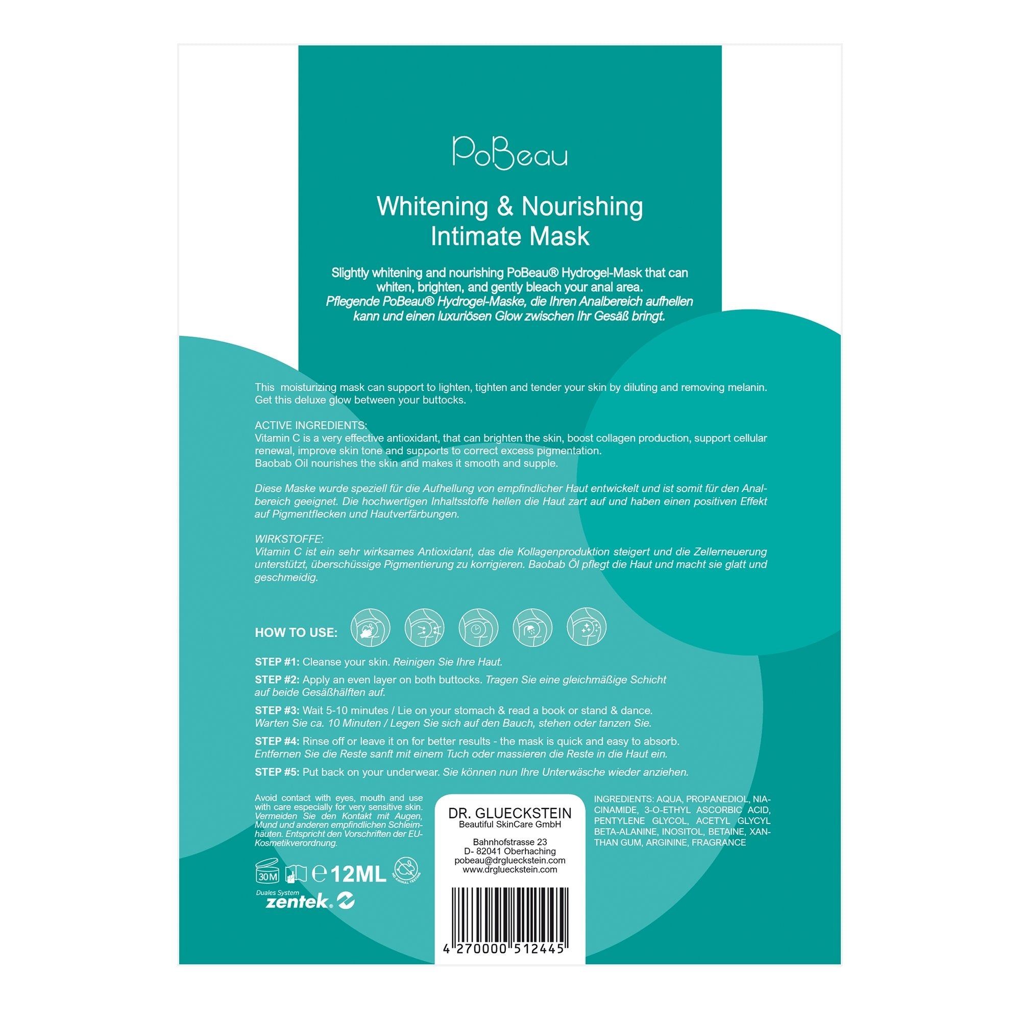 Dos du masque intime Pobeau. Texte : Whitening & Nourishing Intimate Mask. Instructions d'utilisation, ingrédients, informations fabricant et code-barres.