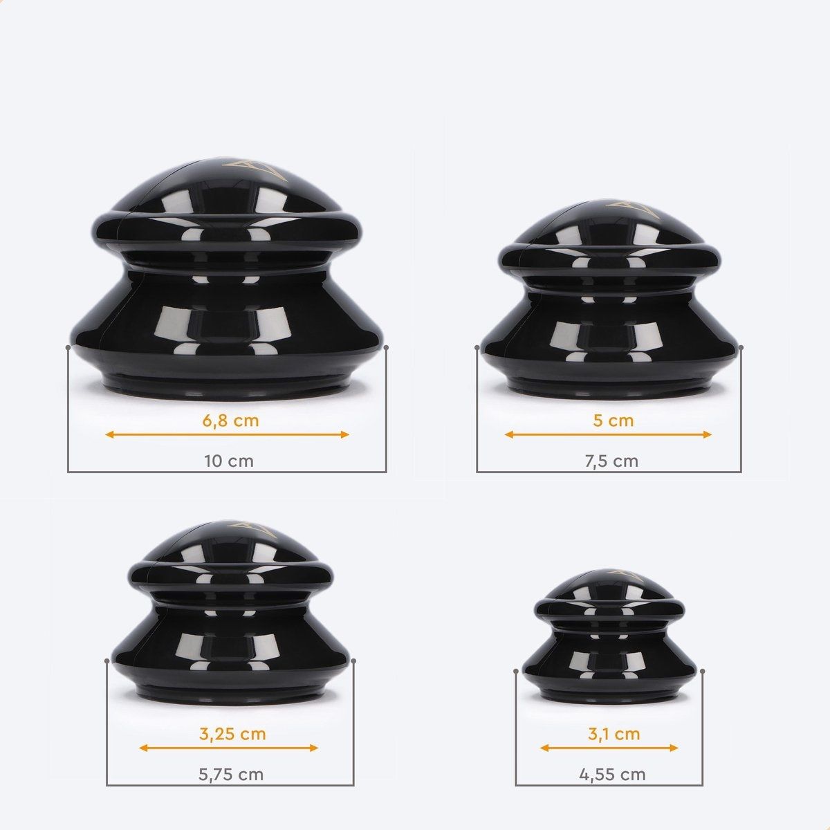 Quatre ventouses noires de différentes tailles. Dimensions en cm.