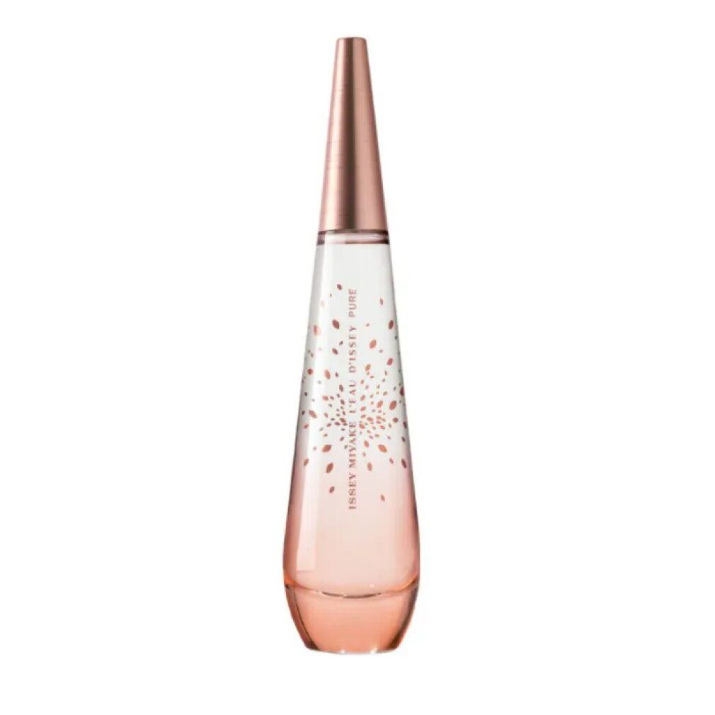 Flacon de parfum en forme de goutte, dégradé rose, bouchon cuivré. Inscription : Issey Miyake L'Eau d'Issey Pure.