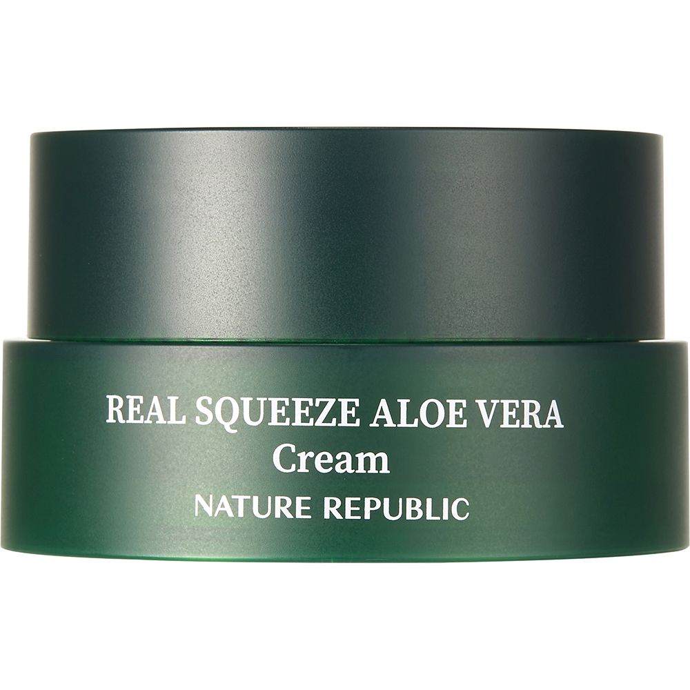 Groene crème pot met opschrift "REAL SQUEEZE ALOE VERA Cream" en "NATURE REPUBLIC".