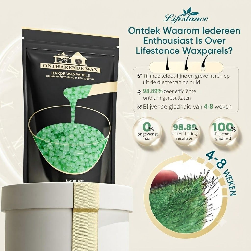 Verpakking met groene waxparels en een houten spatel.