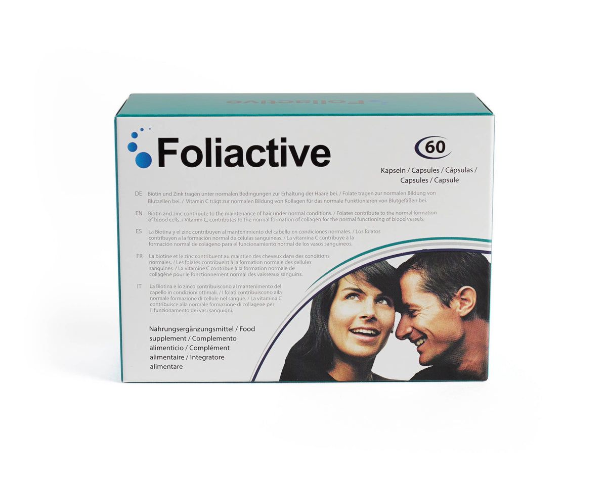 Verpakking met "Foliactive"-logo en 60 capsules. Afbeelding van een paar. Tekst in het Duits, Engels, Frans en Italiaans.