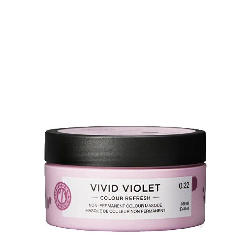 Ronde pot met zwart deksel. Label: Vivid Violet, 0.22. Merk: Maria Nila.