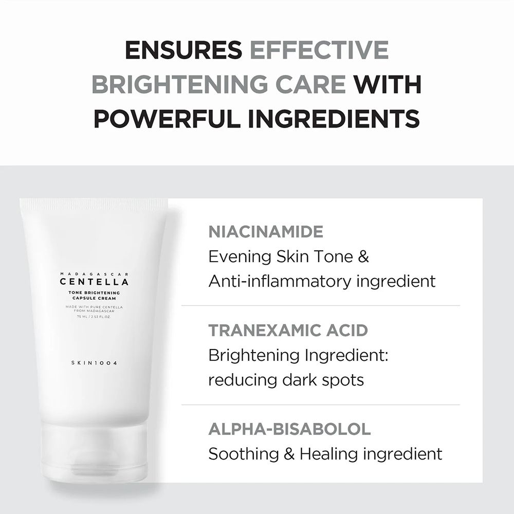 Infographic. Tekst: ingrediënten en voordelen. Tube: MADAGASCAR CENTELLA Tone Brightening Cream.