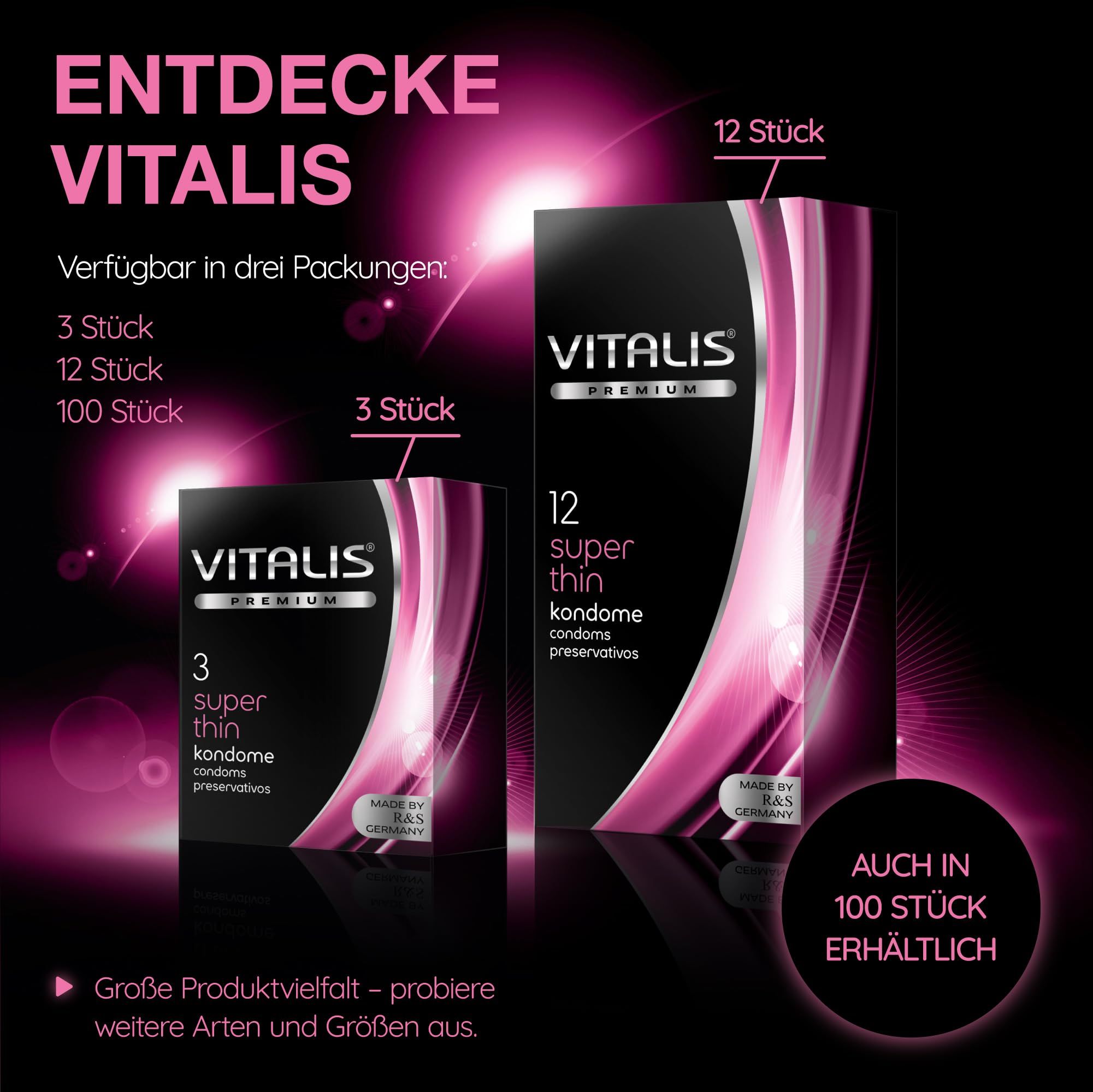 Packs de préservatifs Vitalis : 3 unités, 12 unités, 100 unités. Vitalis PREMIUM Super Thin.