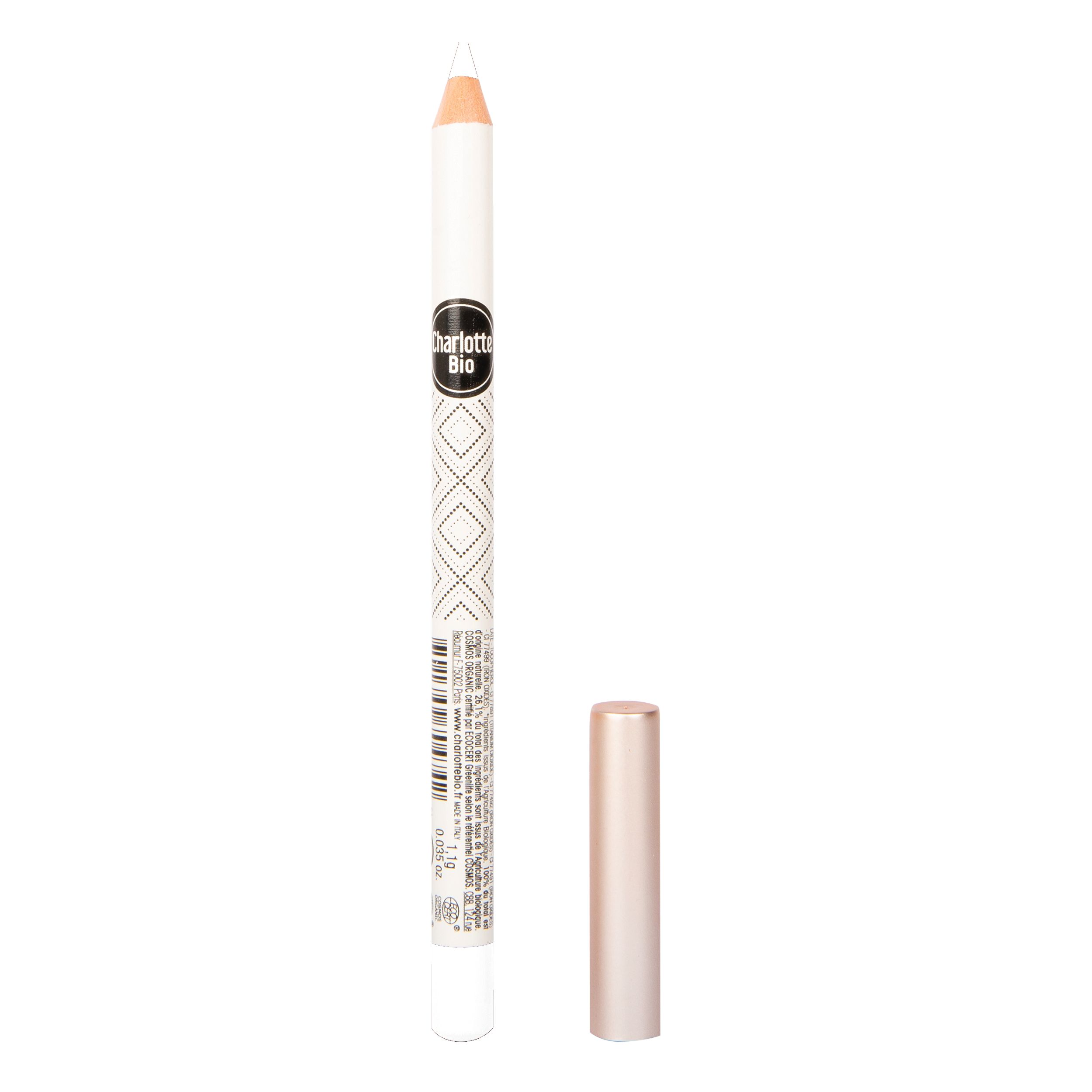 Crayon pour les yeux blanc brillant Charlotte Bio, capuchon ouvert. Crayon blanc avec logo noir et motif géométrique.