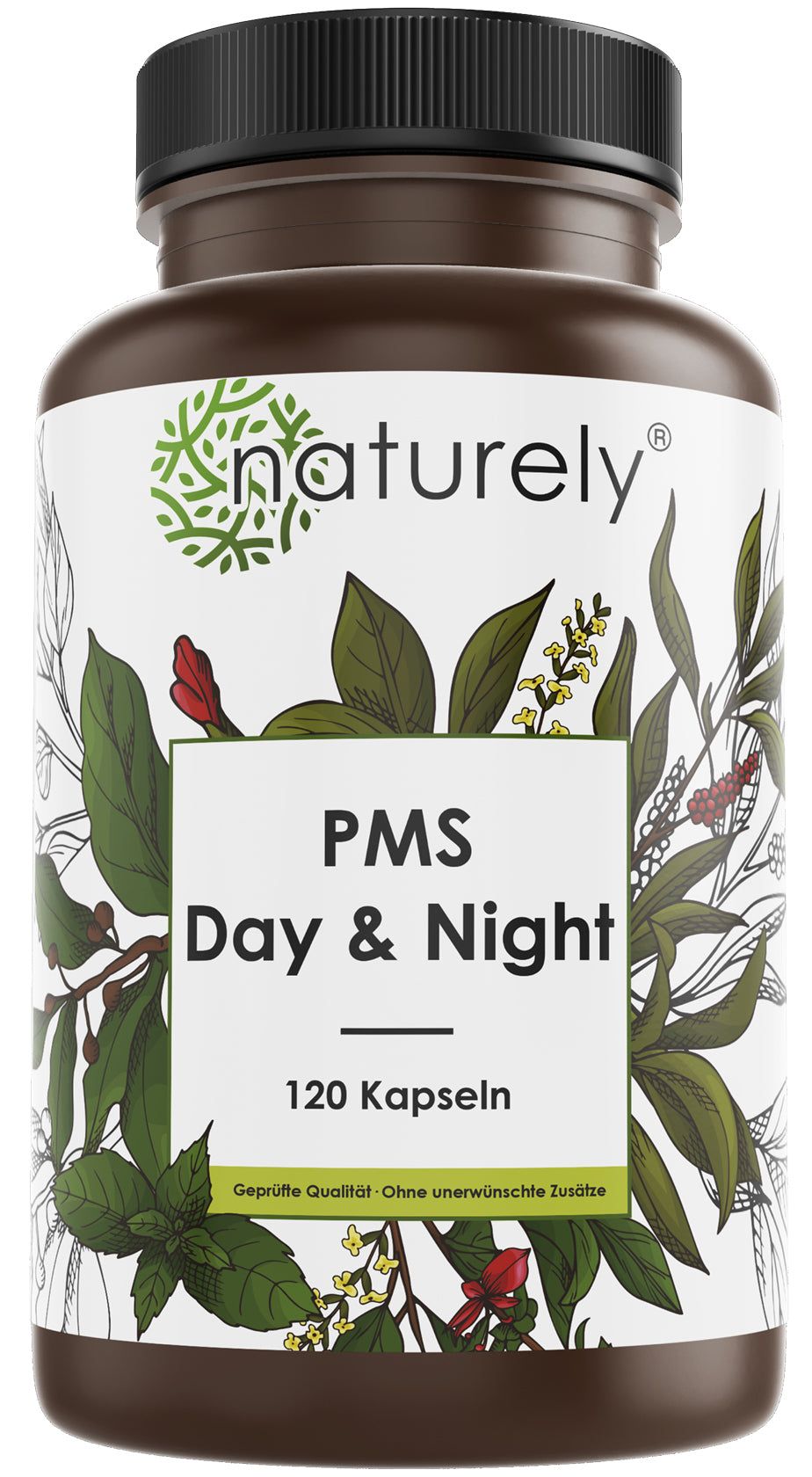 Bruine capsulefles met wit etiket, plantenmotieven, "PMS Day & Night 120 Kapseln".
