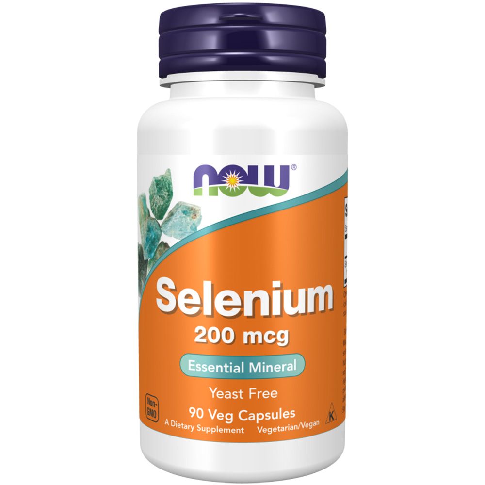 Witte fles met blauwe dop. Opschrift: NOW, Selenium 200 mcg, Essential Mineral. 90 Veg Capsules.