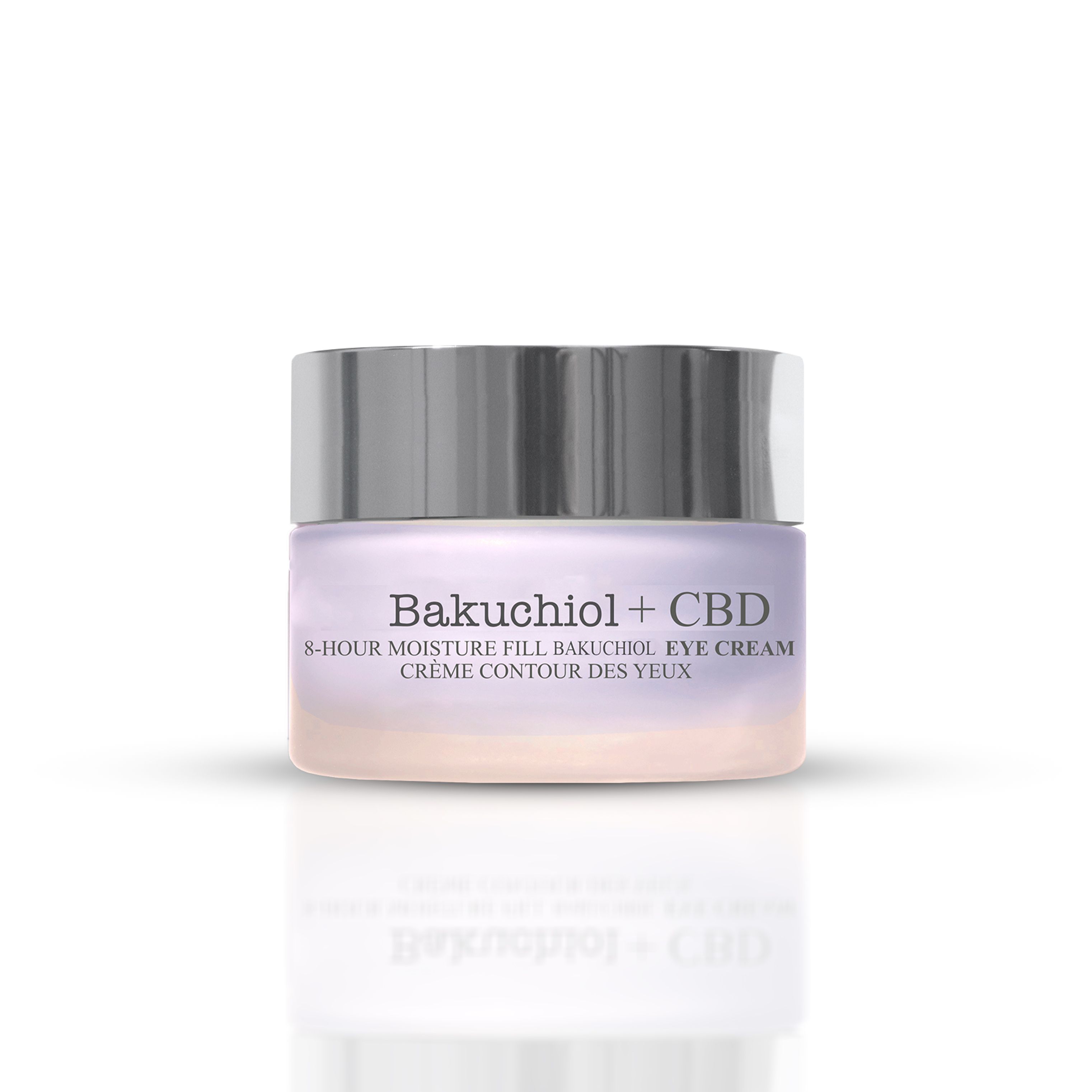 Oogcrèmetiegel met zilveren deksel. Opschrift: Bakuchiol + CBD, 8-Hour Moisture Fill Bakuchiol Eye Cream, Crème Contour des Yeux.