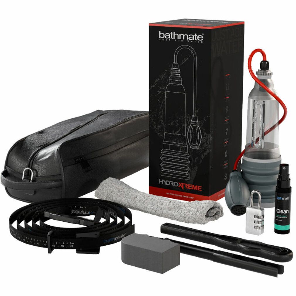 Ensemble Bathmate HydroXtreme8 Clear avec sac, tissu et accessoires.