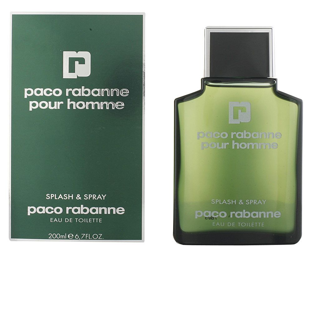 Paco Rabanne Pour Homme Eau de Toilette, flacon et emballage. Vert, angulaire, logo et texte blancs.