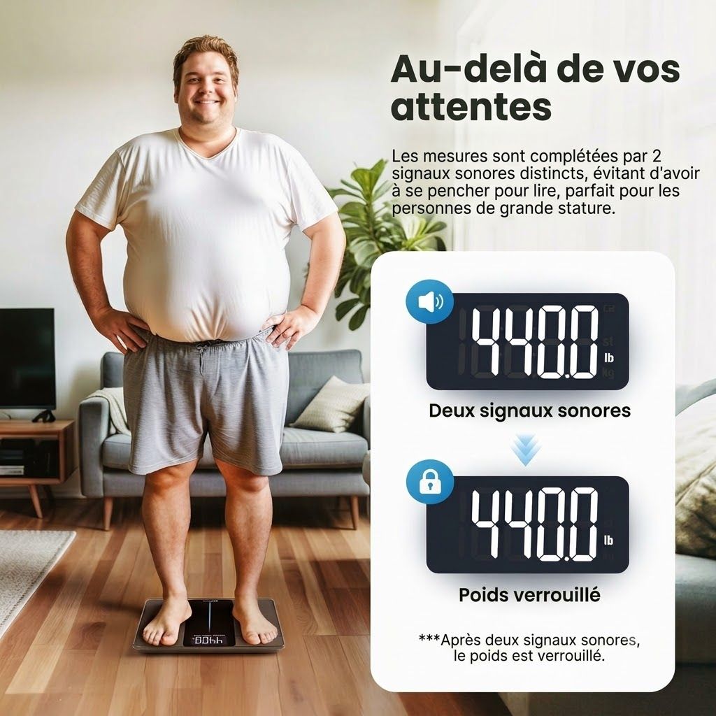 Une balance personnelle numérique avec un homme debout dessus. Deux écrans affichant 44.0 sont à côté.
