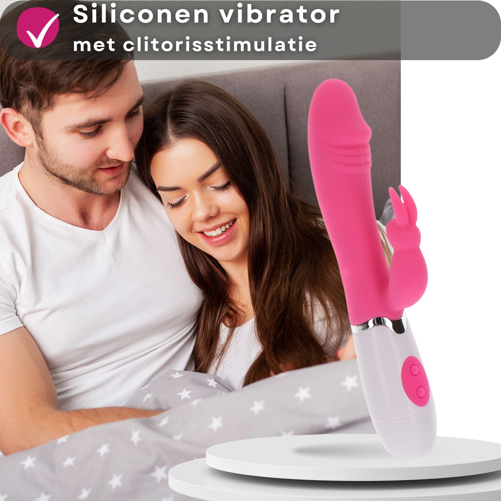 Roze vibrator met konijn-design. Vereist 2 AAA-batterijen, niet inbegrepen. Hart-silhouet op de achtergrond.