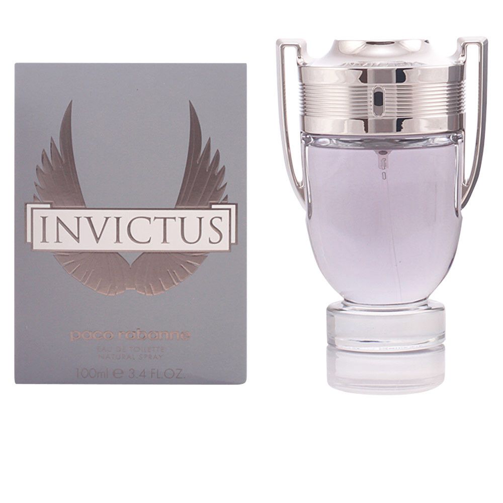 Flacon en verre avec bouchon et poignées argentés. Emballage gris avec inscription "INVICTUS" et motif d'ailes. Logo "paco rabanne".