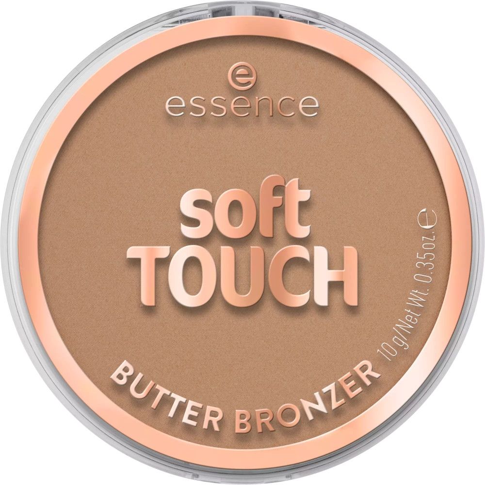 Poudre bronzante ronde dans un contenant. "essence soft TOUCH BUTTER BRONZER" est écrit sur le contenant.