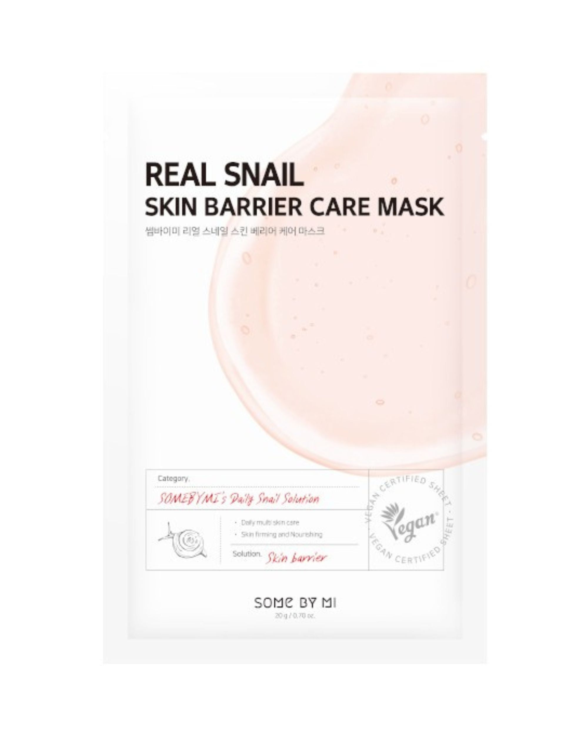 Paquet de masque SOMEBYMI Real Snail Skin Barrier Care avec illustration d'escargot et sceau vegan.