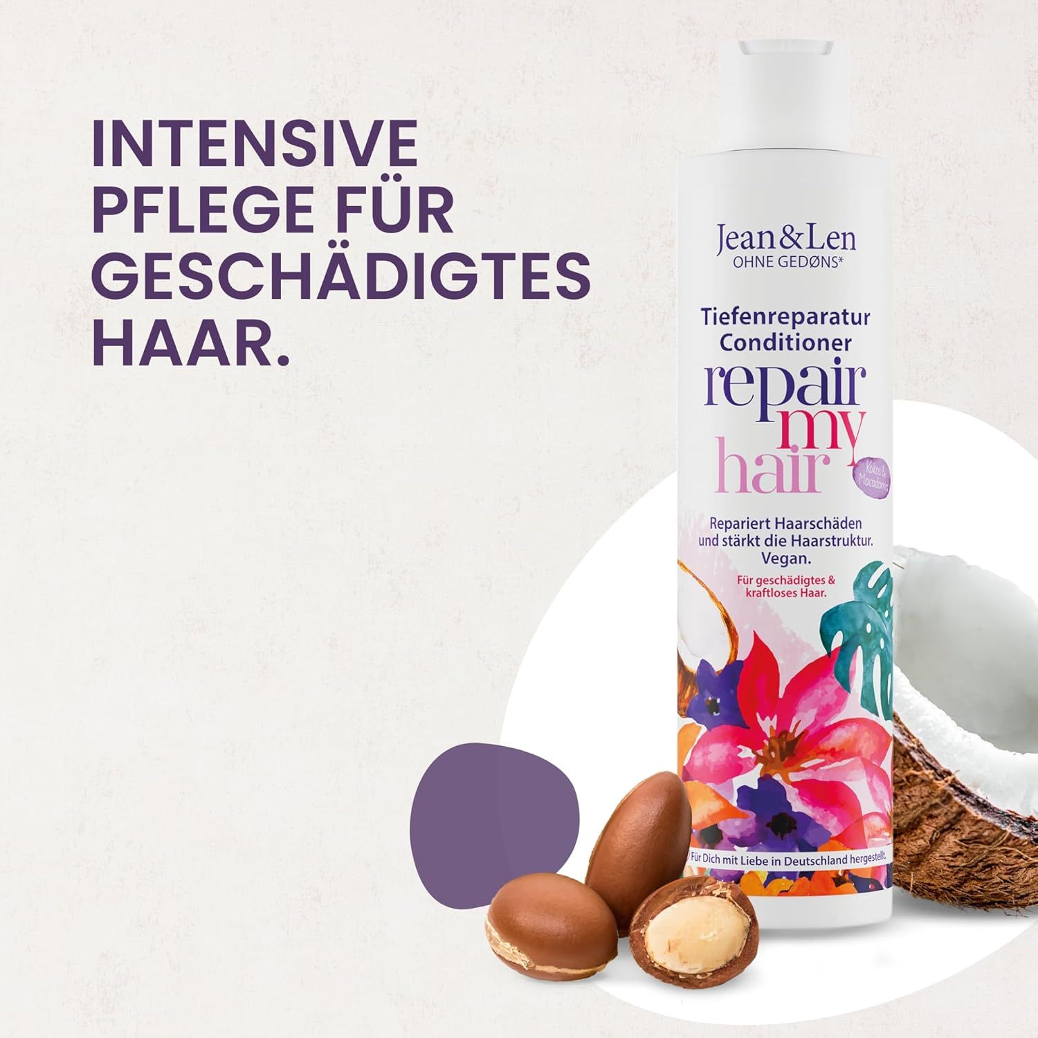 Fles conditioner, kokosnoot, argan noten. Tekst: Intensieve verzorging voor beschadigd haar.