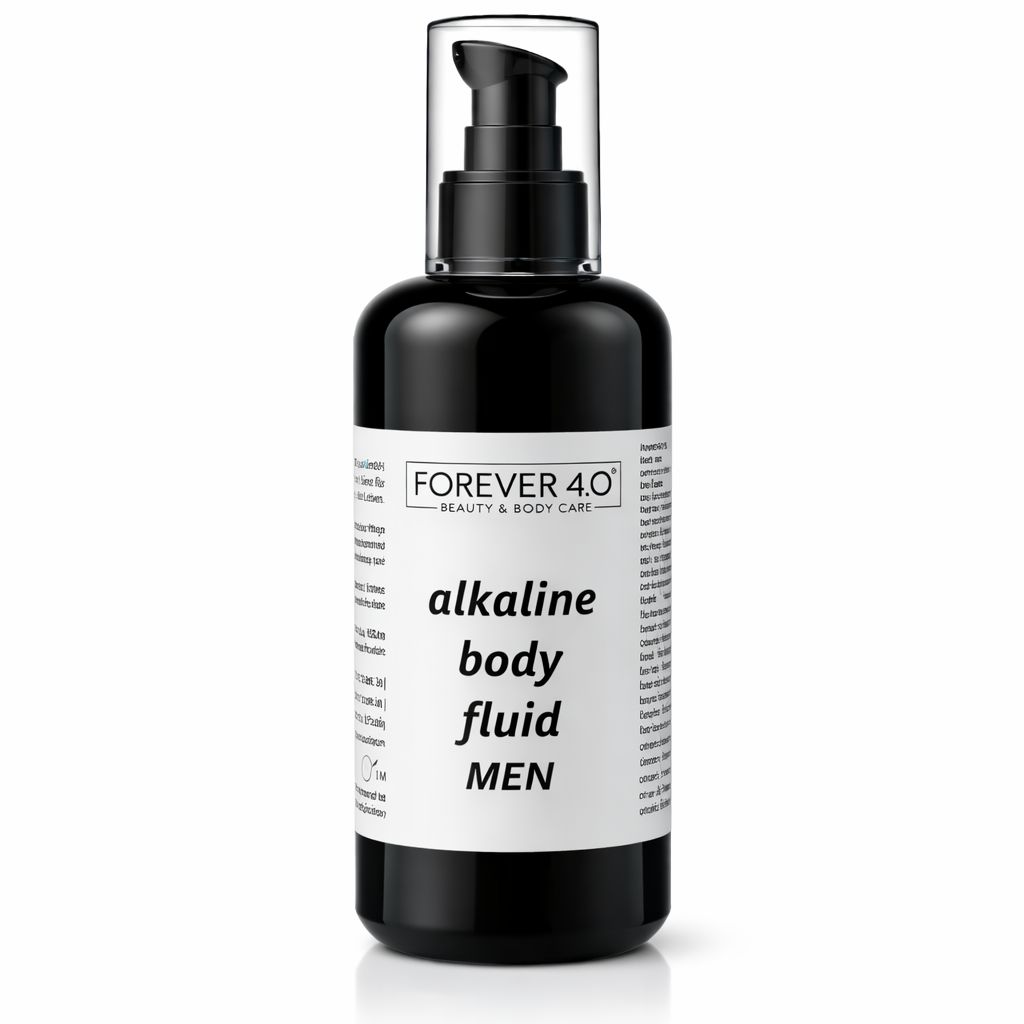 Zwarte fles met pomp. Opschrift: FOREVER 4.0, alkaline body fluid MEN. Wit etiket met tekst.