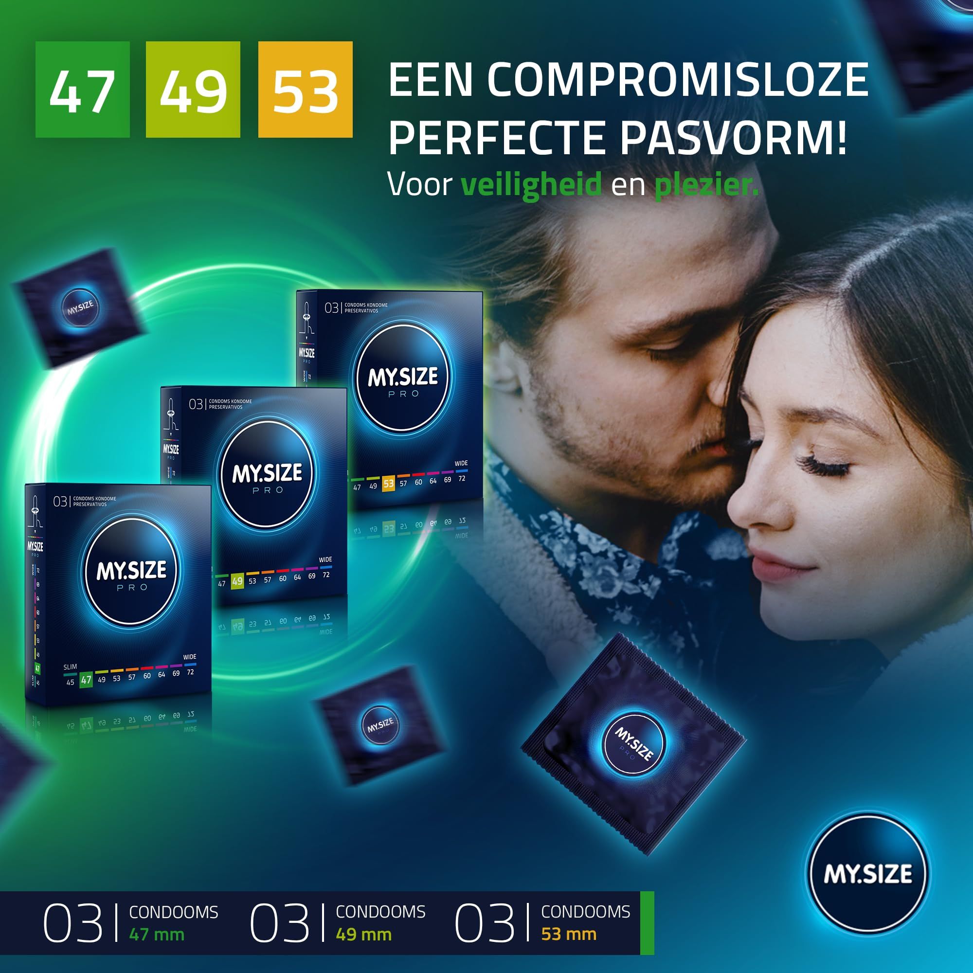 Illustratie toont maten 45-72, smartphone met meet-app en My.Size PRO condoommaten.