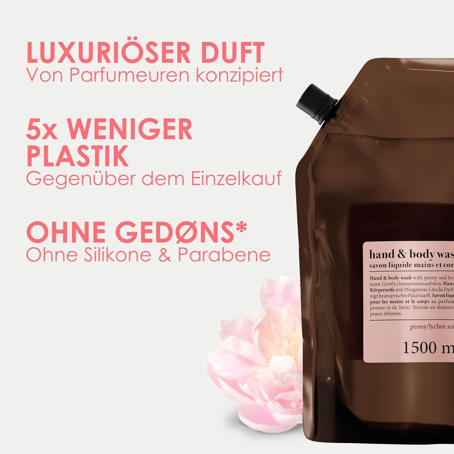 Bruine navulverpakking met productinformatie. 5x minder plastic. Zonder siliconen en parabenen. Luxe geur.