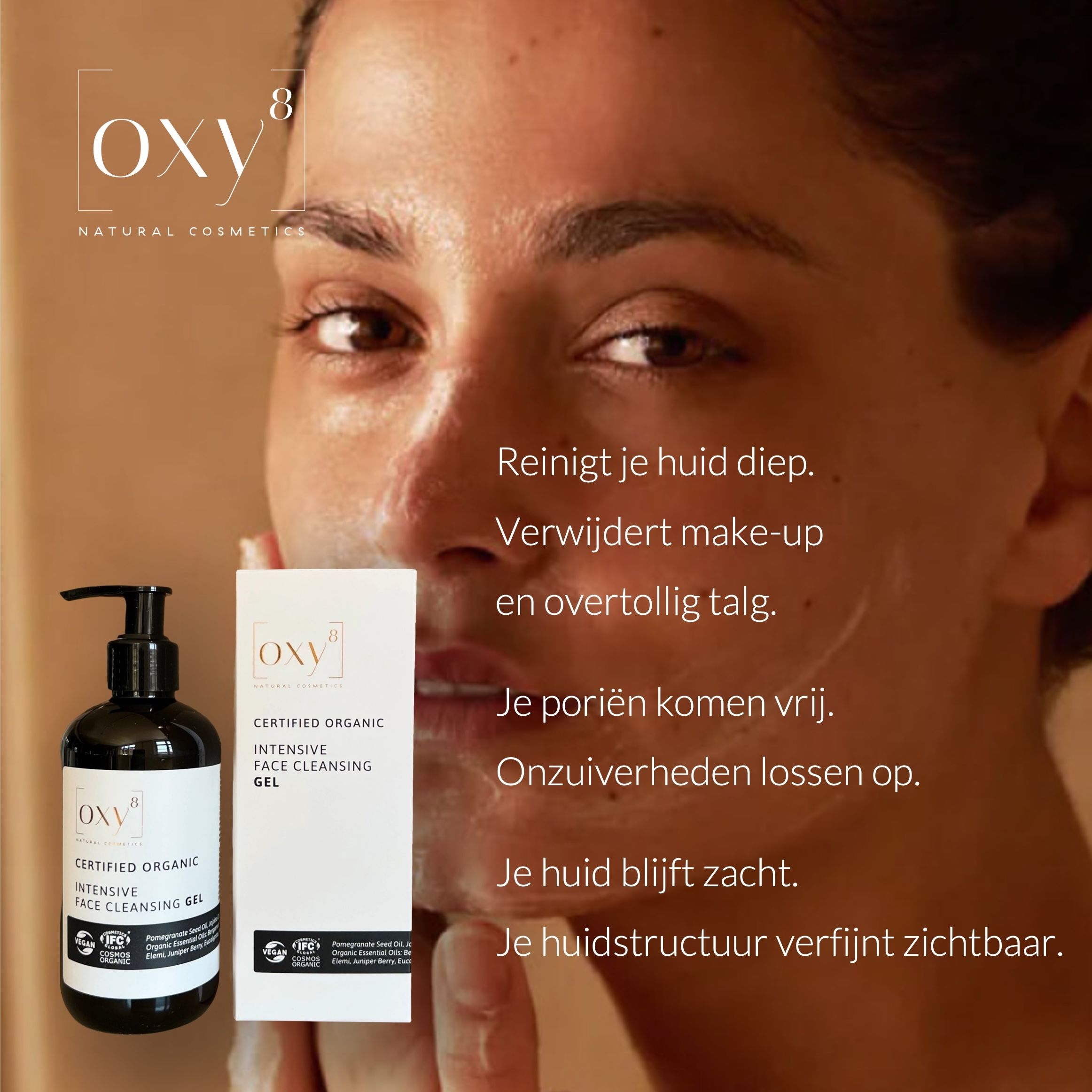Vrouw wast gezicht. Productfles met tekst en iconen. Tekst: Intensive Face Cleansing Gel. Iconen: druppels, gezicht, pH, etc.