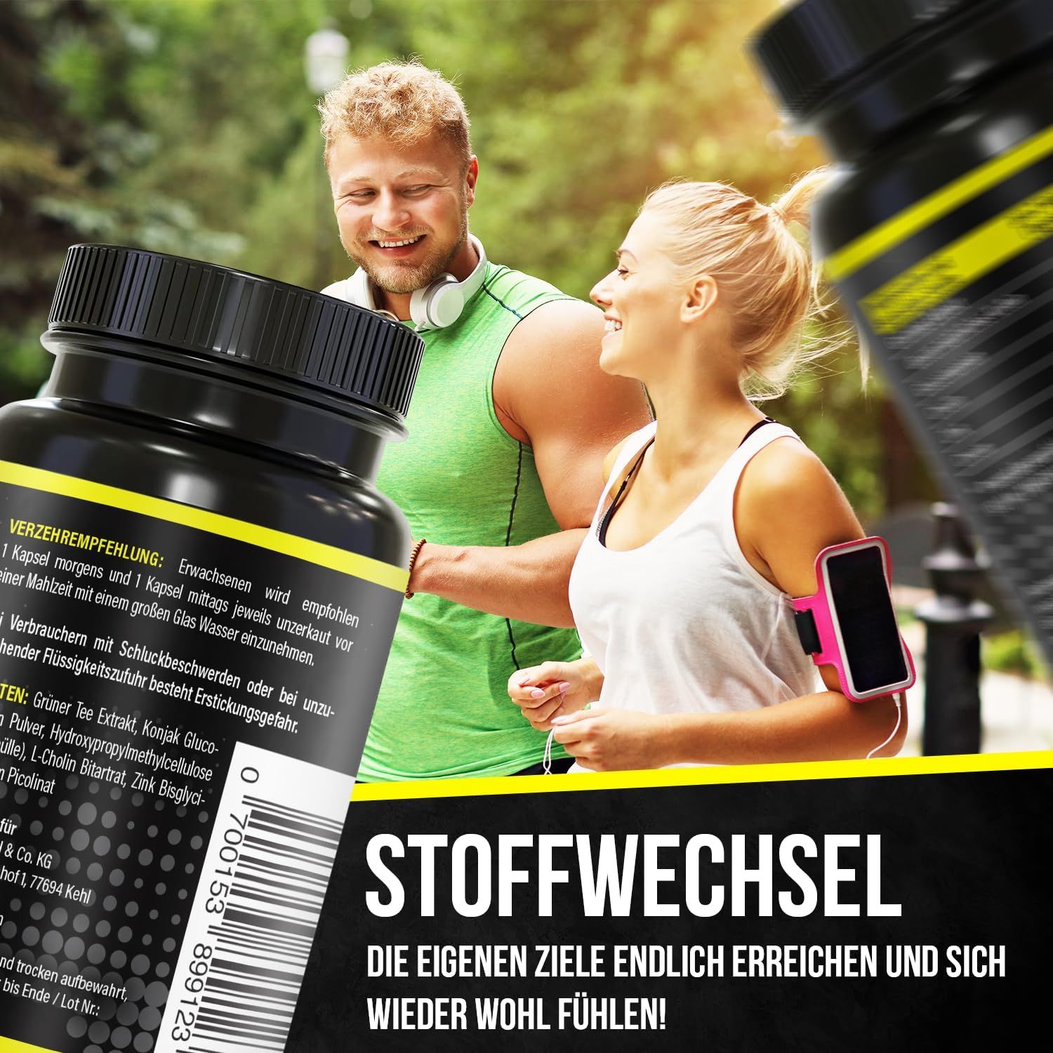 Productfles met geel etiket. Opschrift: EASY BRNR, Lichte Formule. Twee personen lachen. Tekst: Stofwisseling. Streepjescode.