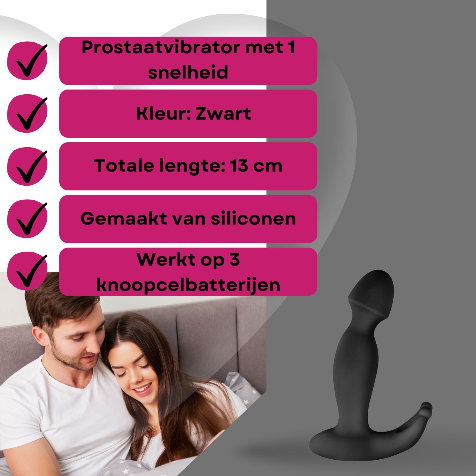 Zwarte vibrator. Tekst: Prostaatvibrator, kleur: zwart, 13 cm, siliconen, 3 knoopcellen. Koppel.