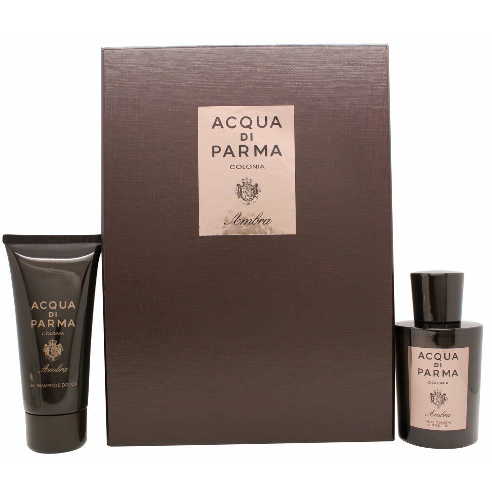 Cadeauset met fles, douchegel en doos. Opschrift: Acqua di Parma Colonia Ambra.