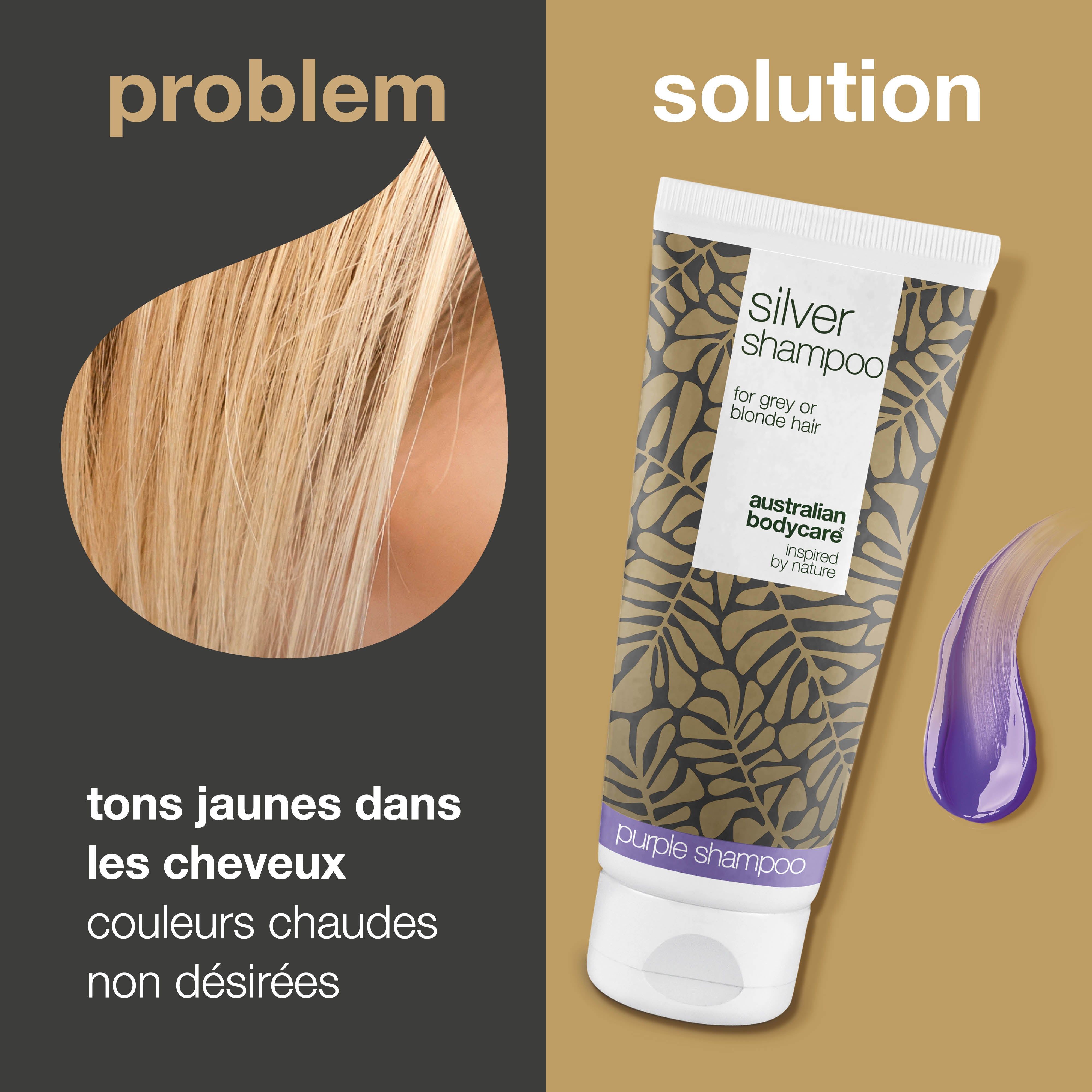 Mèche de cheveux et tube de shampooing. Texte : Silver Shampoo, pour cheveux gris ou blonds. Marque : Australian Bodycare.