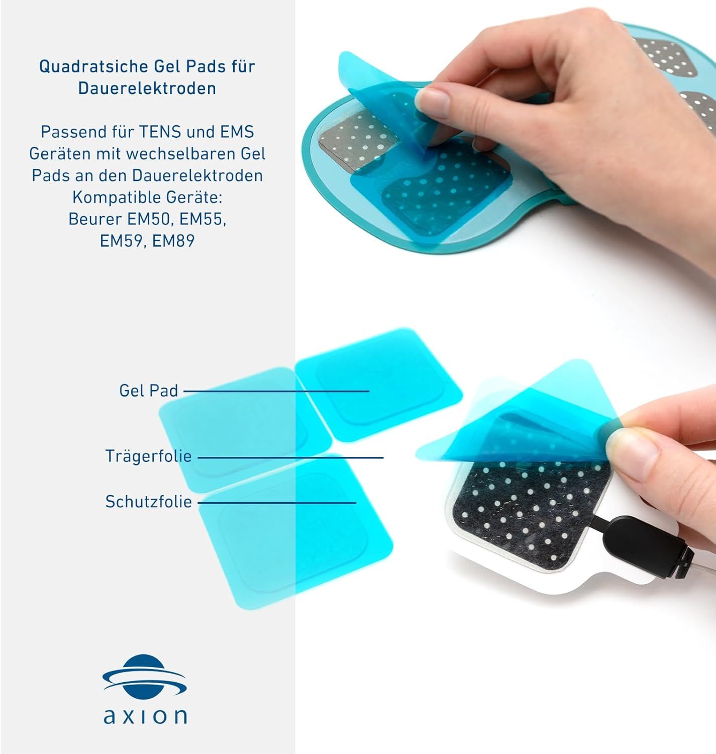 Mains montrant l'application du coussinet de gel. Film protecteur bleu retiré. Logo axion.