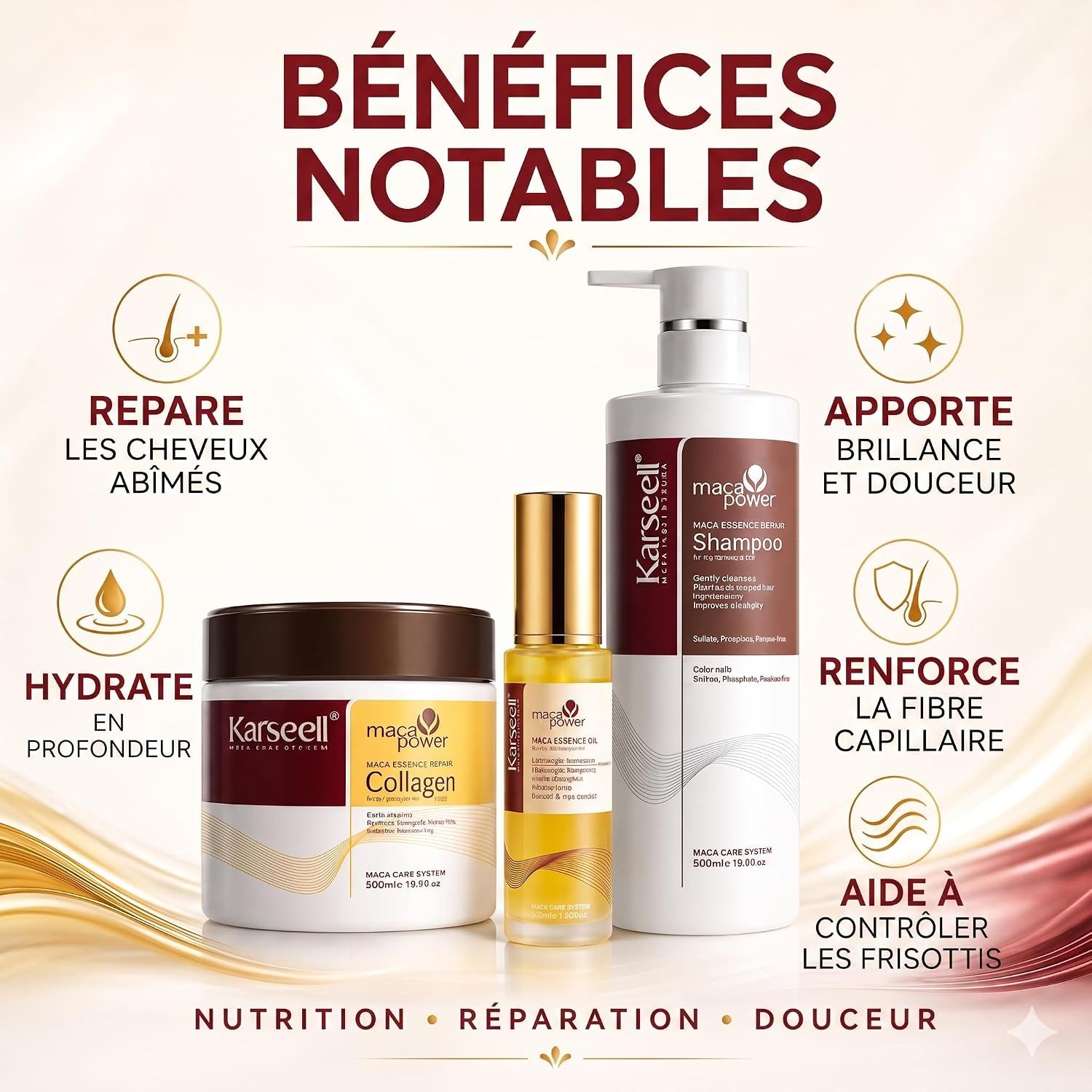 Trois produits de soins capillaires Karaseell : shampoing, masque au collagène et huile capillaire.