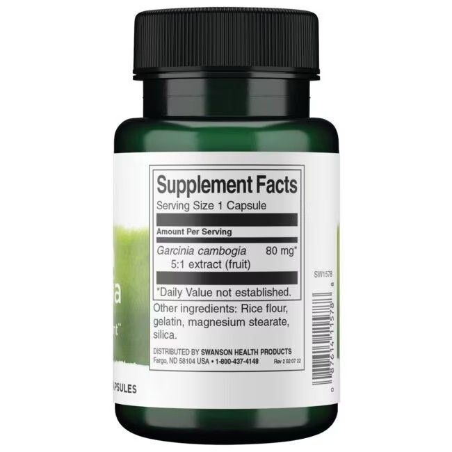 Dos du flacon vert SWANSON Garcinia Cambogia. Informations nutritionnelles. Ingrédients: riz, gélatine, stéarate de magnésium, silice.