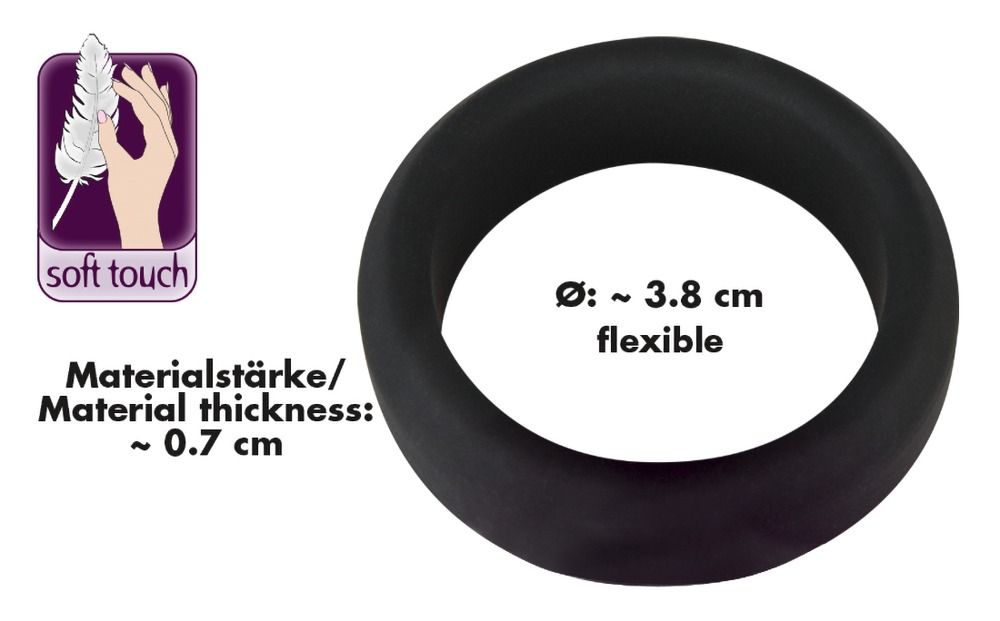 Bague de pénis noire en silicone, diamètre env. 3.8 cm, flexible, épaisseur env. 0.7 cm.