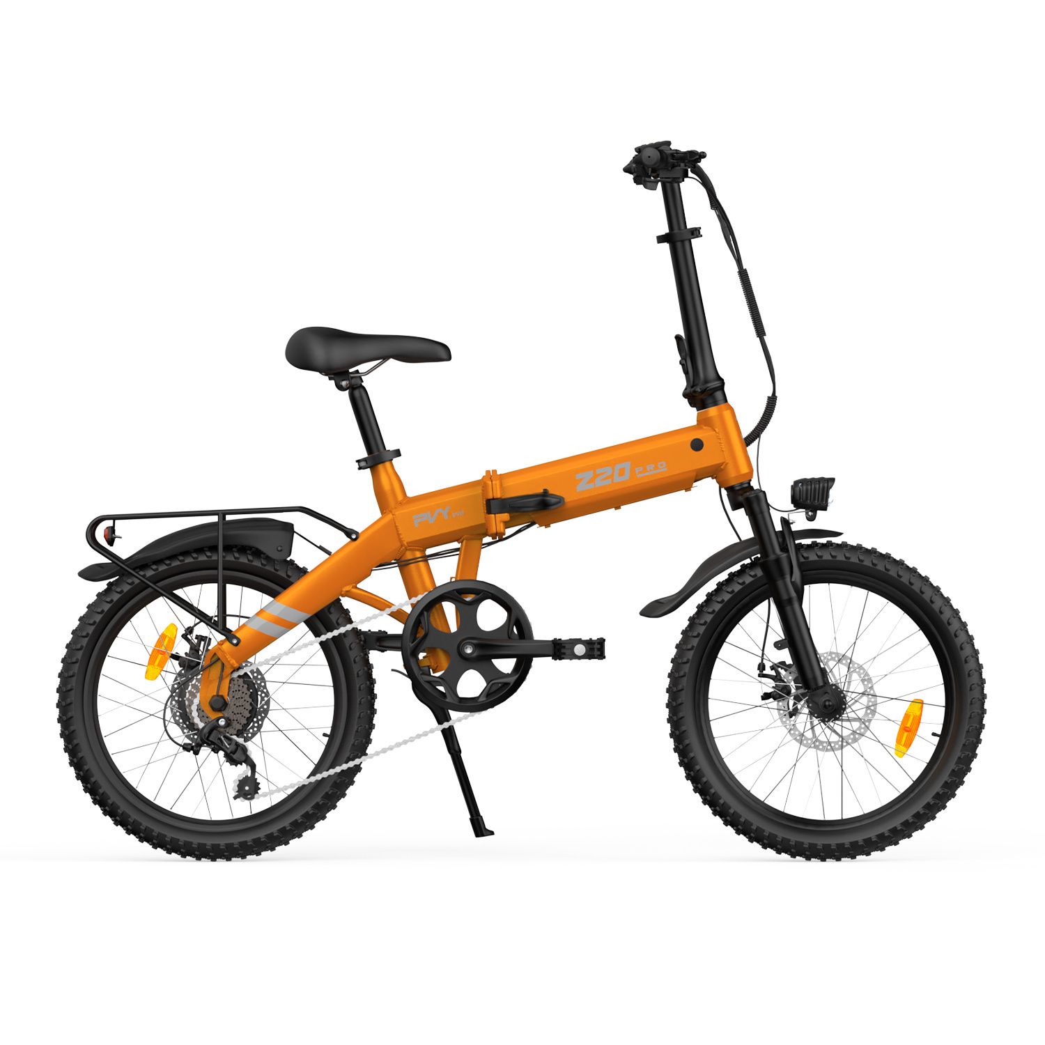 Vélo électrique pliable orange avec cadre noir, porte-bagages et phare. Inscription Z20 PRO EVO.