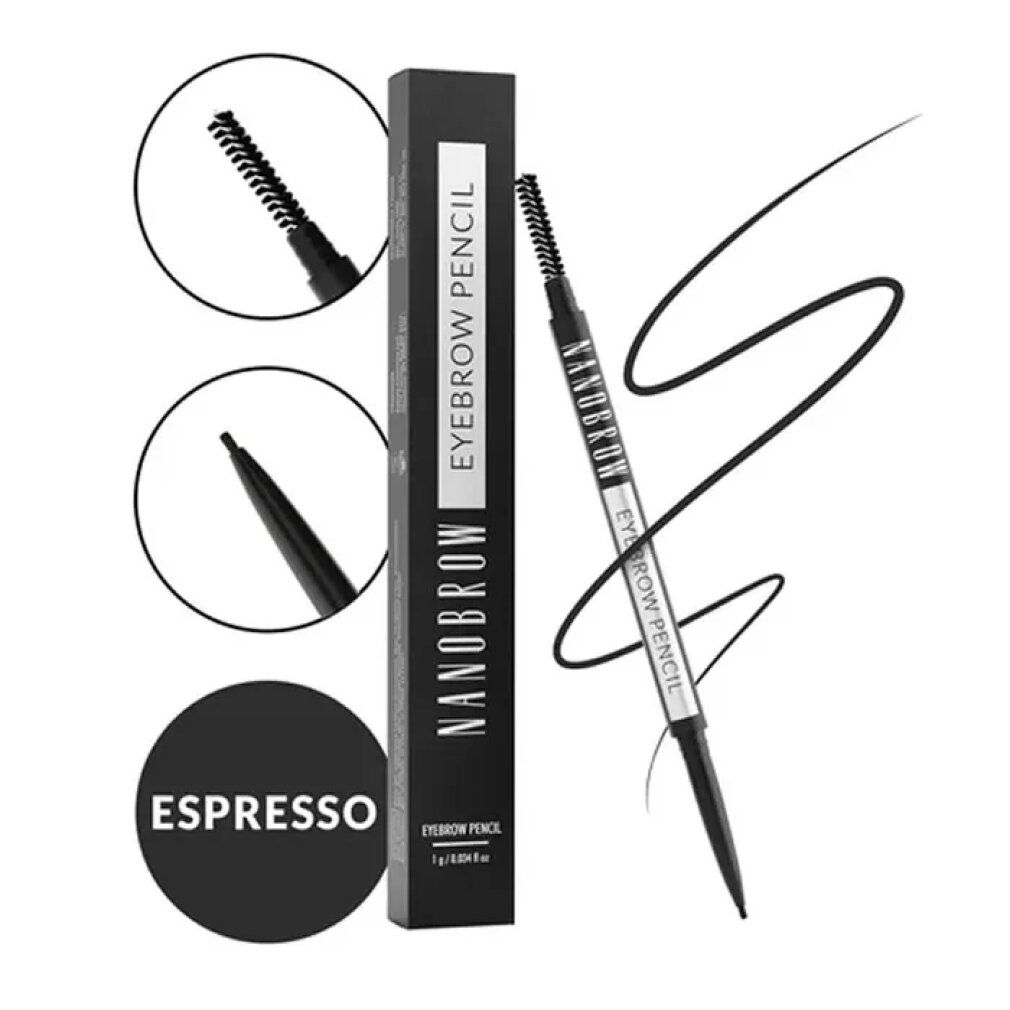 Nanobrow Eyebrow Pencil Espresso. Zwarte potlood met borstel en verpakking. Productnaam en merk duidelijk zichtbaar.