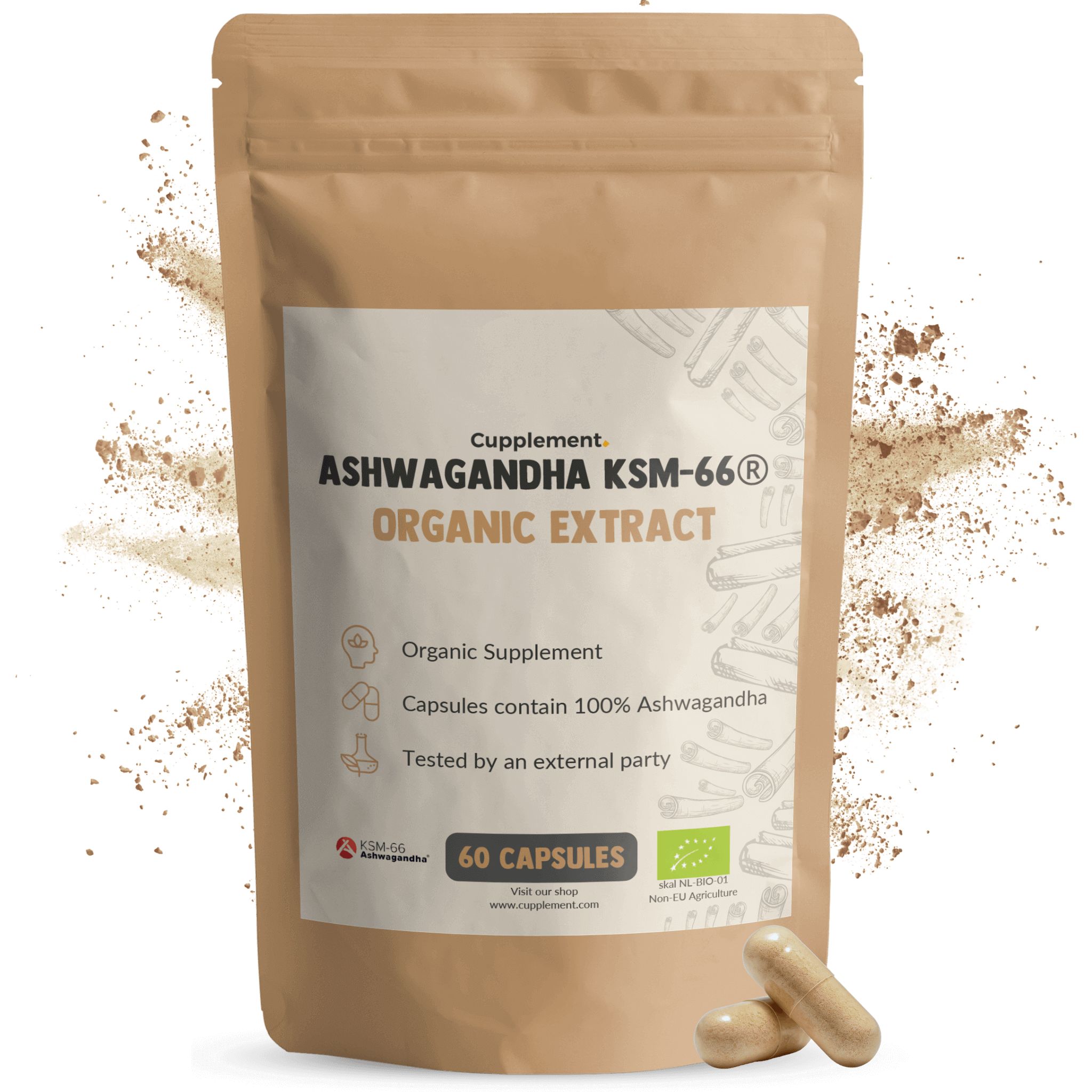 Bruine zakverpakking met opschrift: Ashwagandha KSM-66 Organic Extract. Bevat 60 capsules. Twee capsules ernaast.