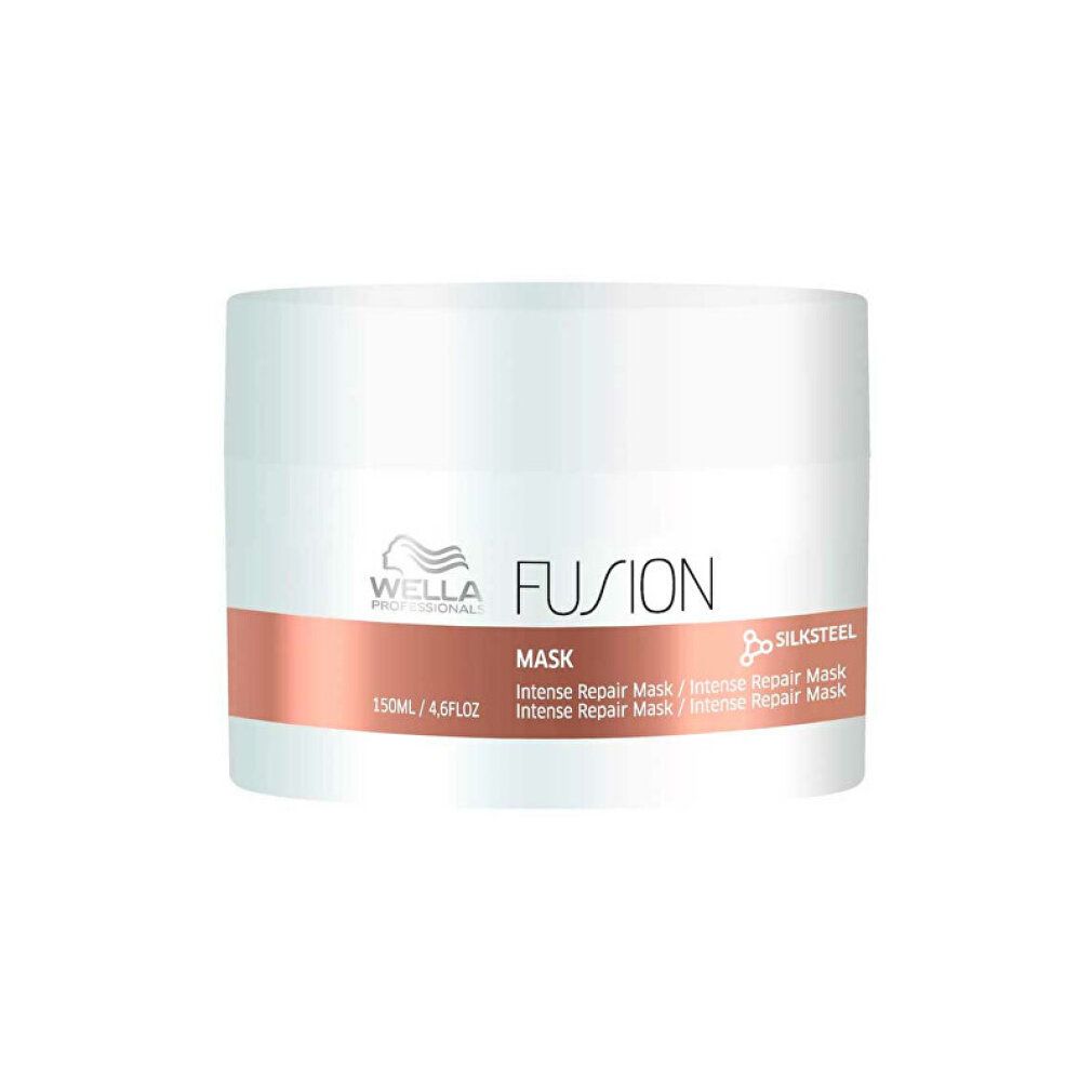 Witte pot met Wella-logo en 'Fusion Mask'. Bronzen band met tekst. 'Silksteel'.