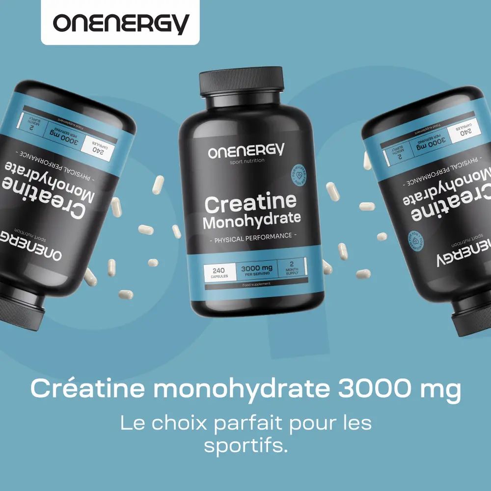 Trois flacons de Créatine monohydrate. Texte : Créatine monohydrate 3000 mg. Le choix parfait pour les sportifs.