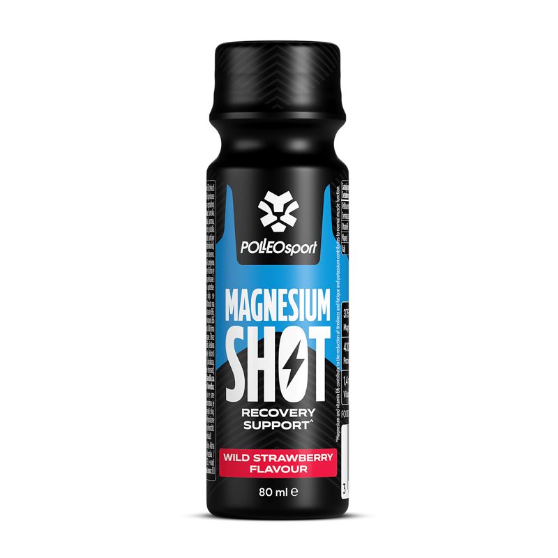 Bouteille noire avec texte bleu et rouge. Contient Magnesium Shot. Wild Strawberry Flavour. 80 ml.