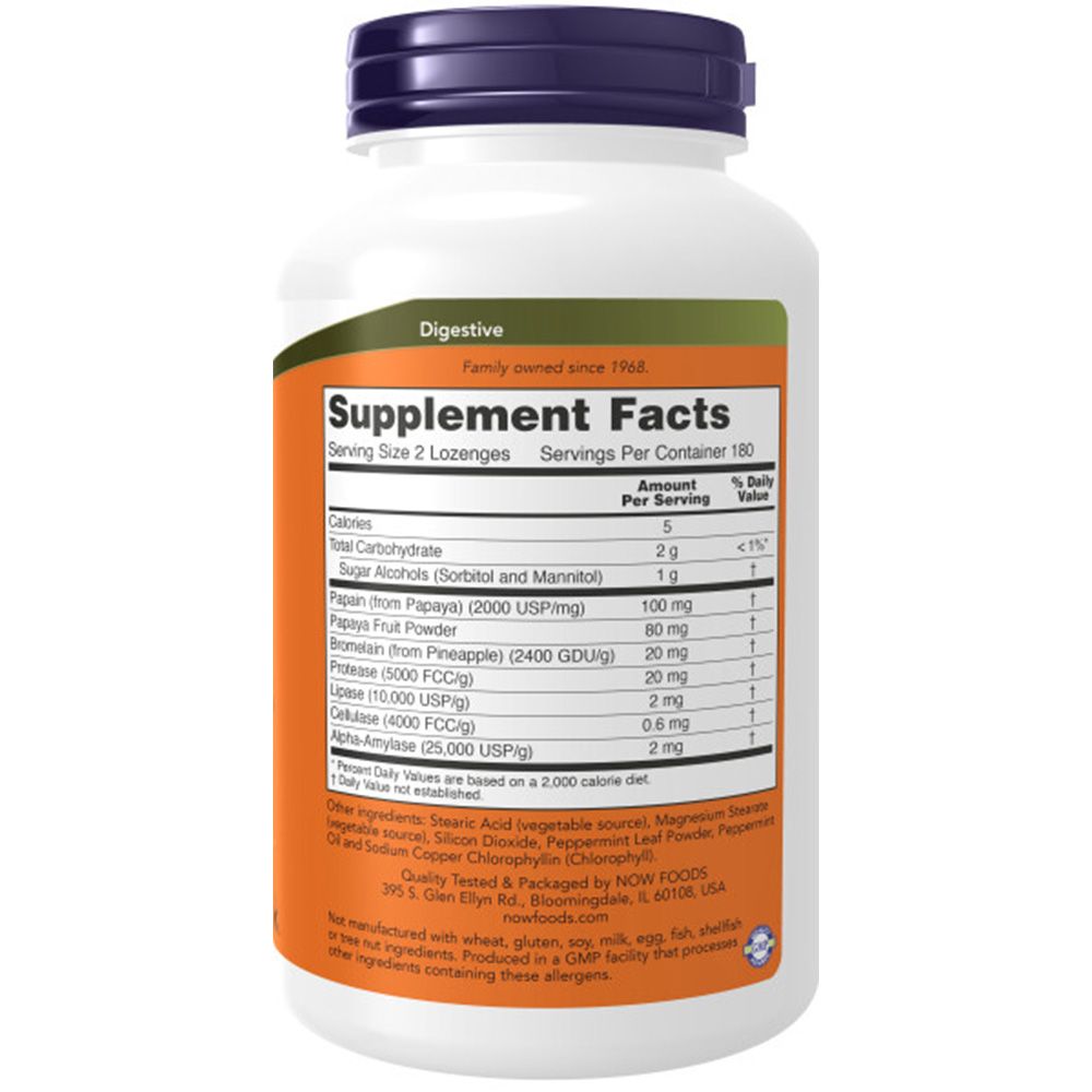 Dos du flacon blanc. Contient les informations nutritionnelles et les ingrédients. Marque: NOW. Famille depuis 1968. Contient 180 portions.